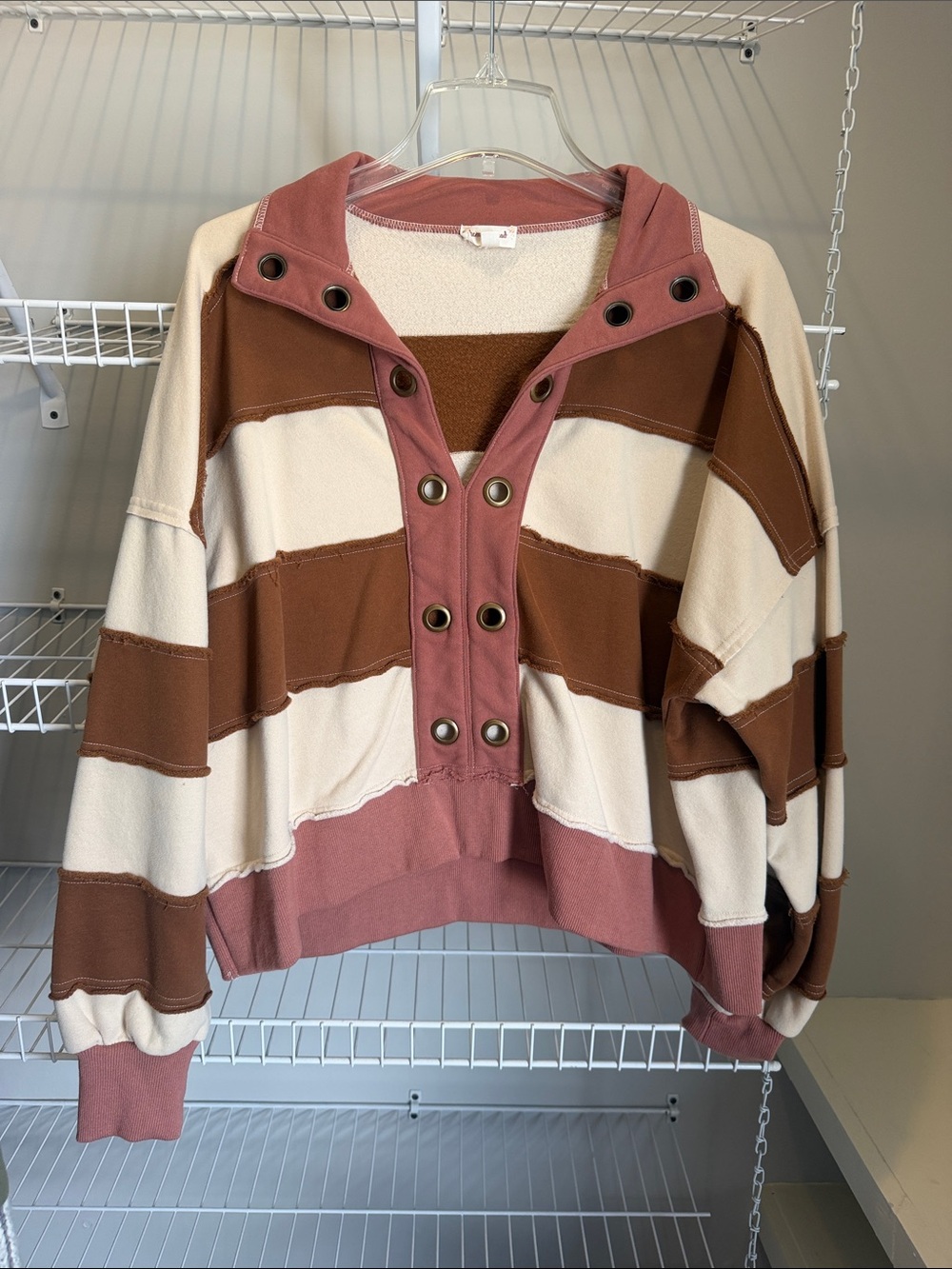 Hem & Thread Striped Cropped Hoodie Sweater in Pink, Cream & Brown